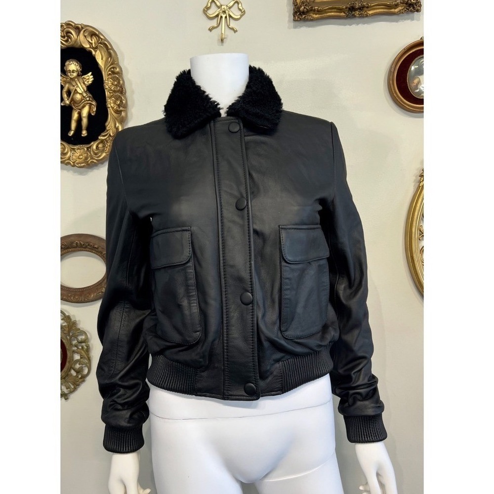Boda Skins Black Napa Leather Bomber Jacket with Shearling Collar Size 4